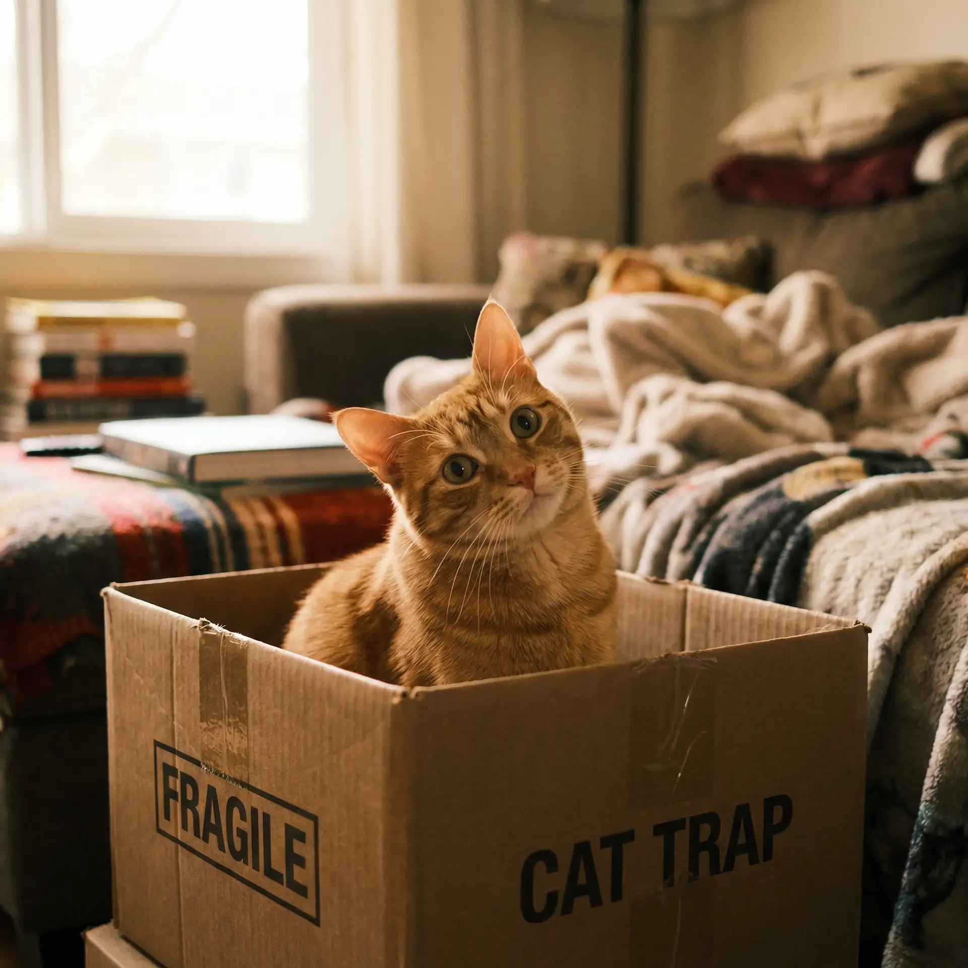 橘猫躲在纸箱里 - 诺基亚翻盖机