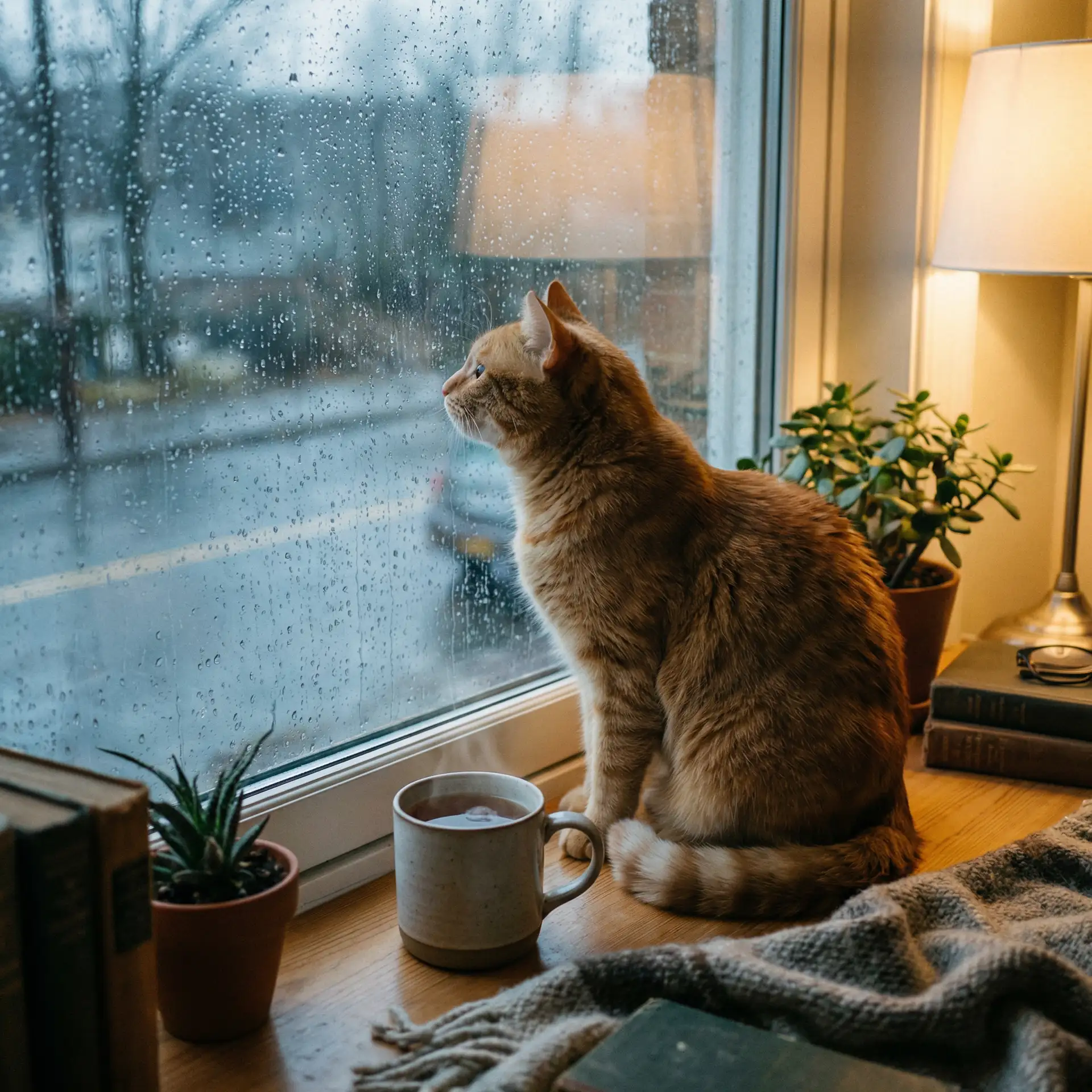 猫咪望着窗外的雨 - 诺基亚翻盖机